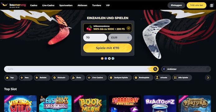 Boomerang Casino-Seite mit Online-Casinospielen und Bonusangeboten für deutsche Spieler