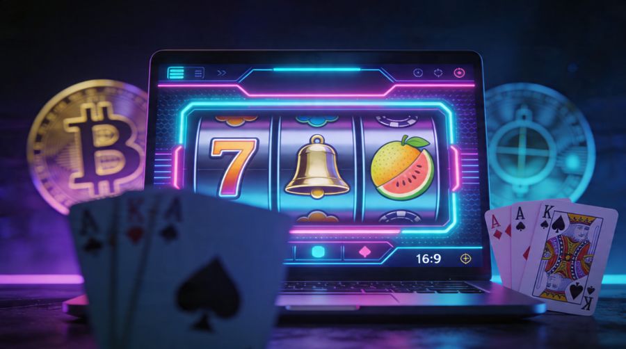 Hype Kasino Testbericht: Moderne Casino Benutzeroberfläche mit Slots und Kryptowährungen im Hintergrund - Crypto Casino