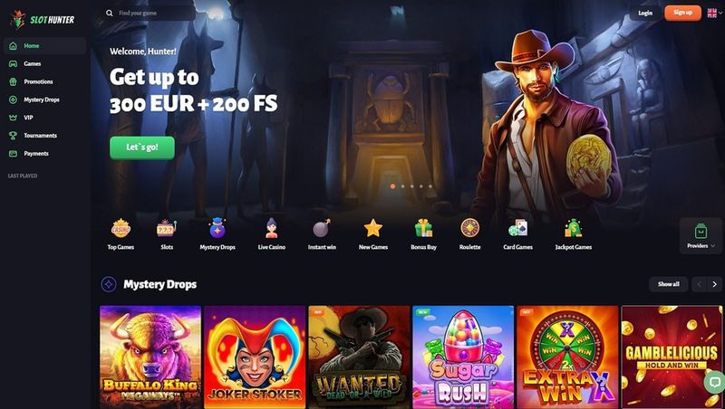 SlotHunter Online Casino Startseite mit Spielautomaten, Bonusangebot bis 300 € + Freispiele, Live Casino und Spielauswahl - mit Anmeldung info
