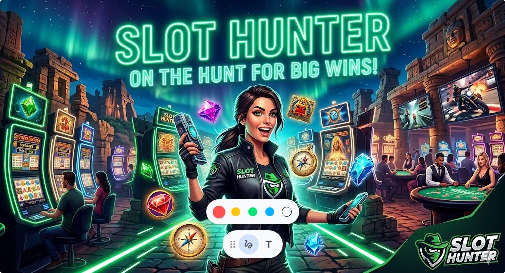 Ein actiongeladenes Banner für das Slot Hunter Online Casino, das eine mutige Entdeckerin in einem futuristischen Dschungel-Casino zeigt, umgeben von Slot-Maschinen, Spieltischen und dem schillernden Polarlicht. Oben steht der neonfarbene Schriftzug 'SLOT HUNTER ON THE HUNT FOR BIG WINS!' und unten rechts das 'SLOT HUNTER' Logo.