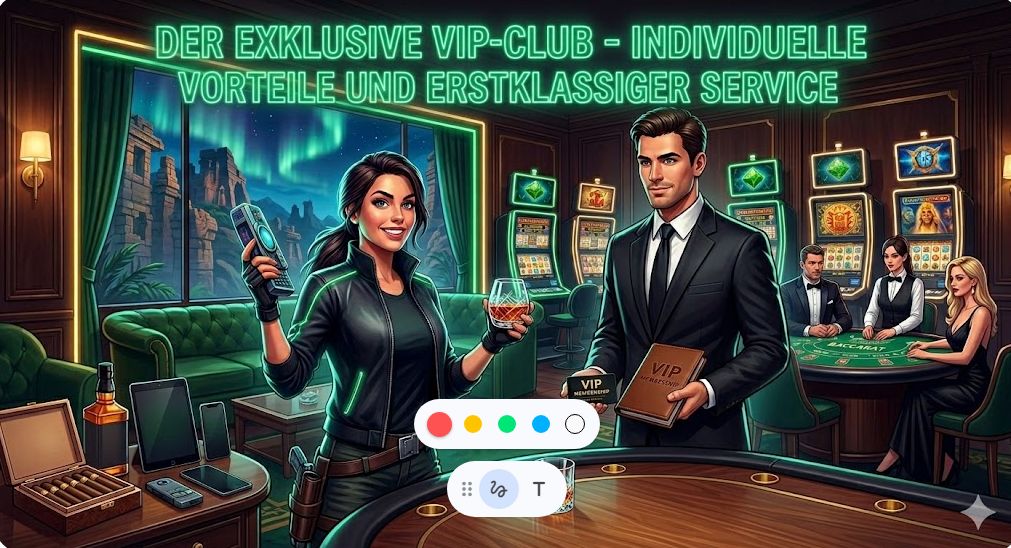 Ein luxuriöser, privater VIP-Casino-Bereich mit einer Abenteurerin und einem persönlichen VIP-Host. Die Szene zeigt eine elegante Lounge mit Spieltischen, hochwertigen Zigarren, Drinks und modernen Slot-Maschinen im Hintergrund. Über der Szene leuchtet der grüne Neonschriftzug: 'DER EXKLUSIVE VIP-CLUB - INDIVIDUELLE VORTEILE UND ERSTKLASSIGER SERVICE'.