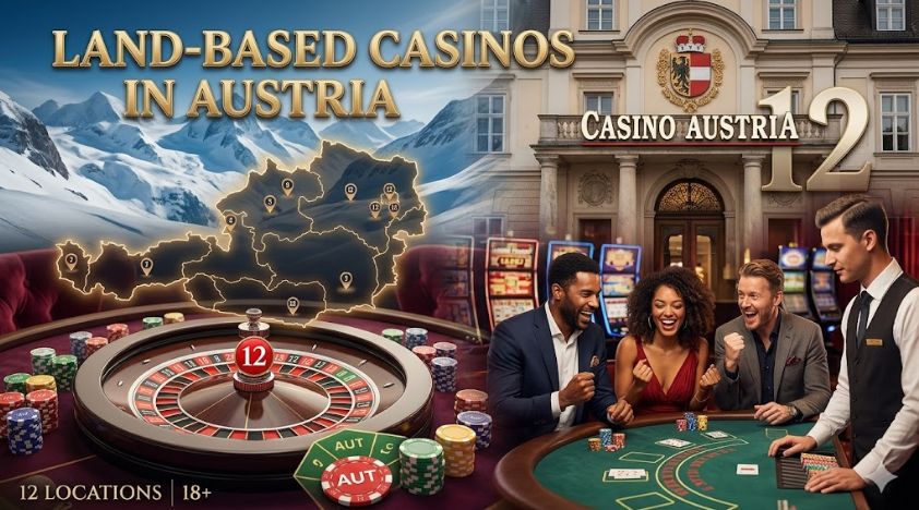Leitfaden für spielautomaten4u.de über landbasierte Casinos in Österreich: Eine goldene Landkarte mit den 12 Casino-Standorten vor alpiner Kulisse, ein klassischer Roulette-Kessel mit Jetons und elegante Casinogäste an einem Spieltisch vor der historischen Palast-Fassade von Casinos Austria.