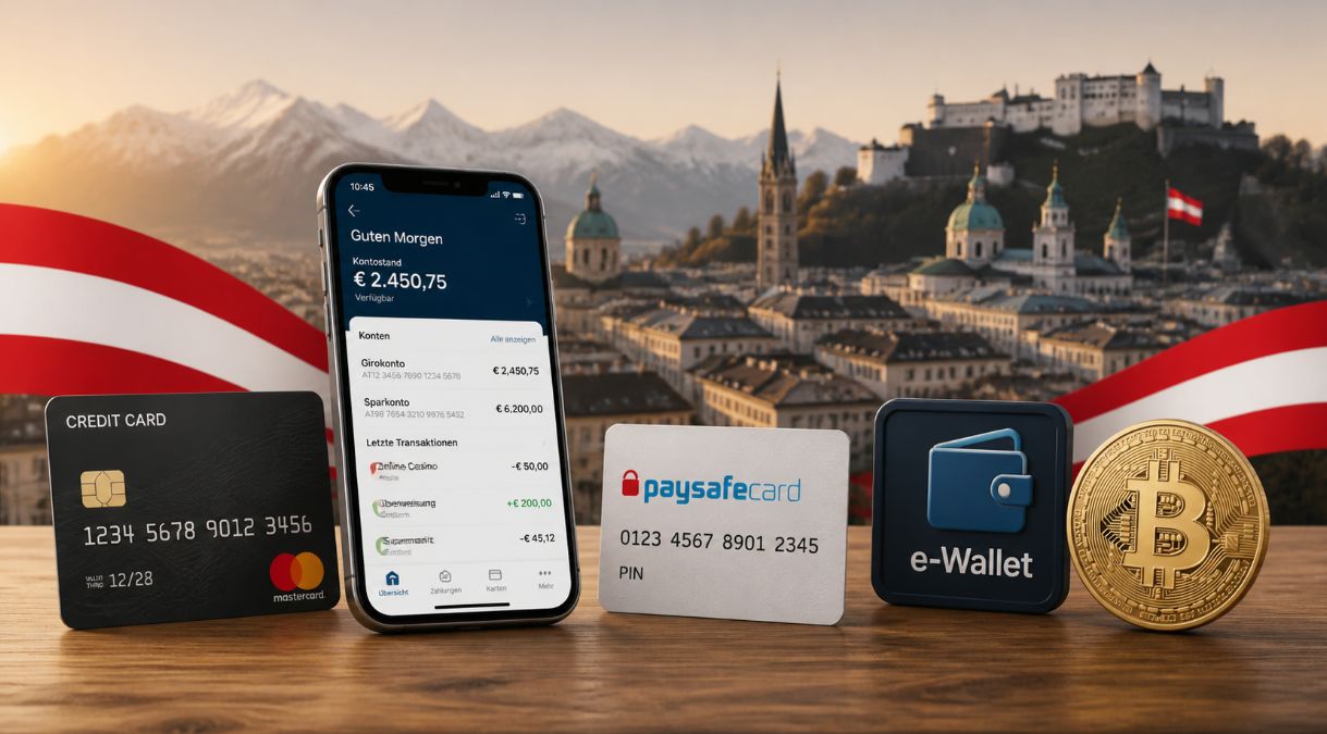 Kreditkarte, Smartphone mit geöffneter Banking-App, neutrale Prepaid-Karte sowie Symbole für E-Wallet und Kryptowährung auf Holzschreibtisch vor stilisierter österreichischer Stadtsilhouette mit Alpen für Ratgeber zu Einzahlungsmethoden in Online-Casinos